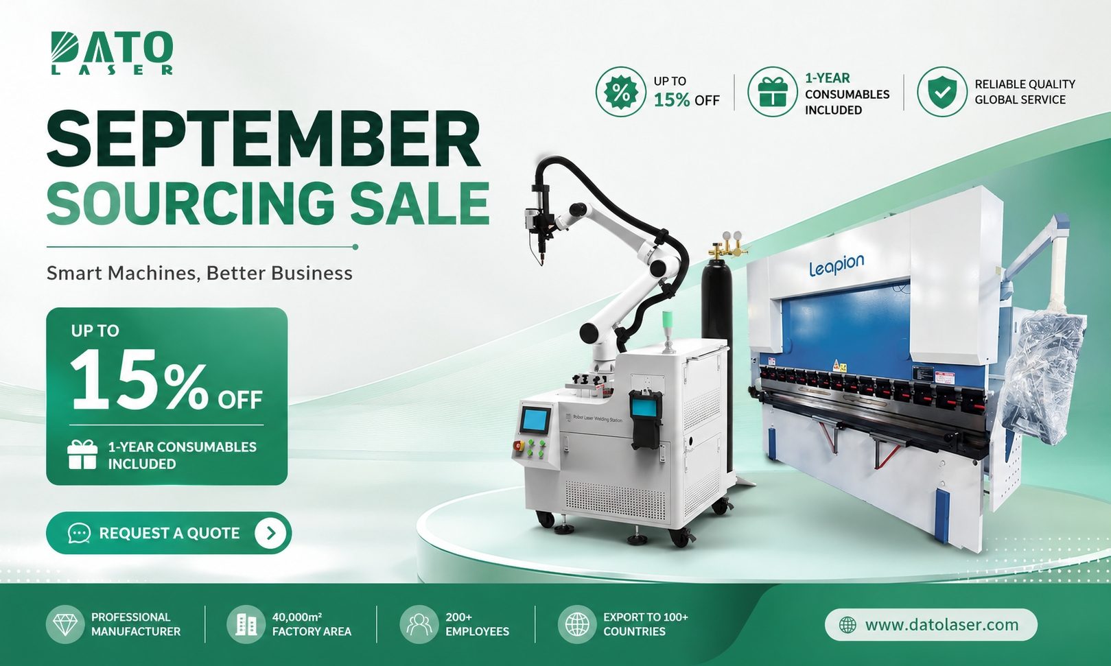 Promo&ccedil;&atilde;o de fornecimento de setembro DATO LASER de 2026: at&eacute; 15% de desconto em rob&ocirc;s de soldagem a laser e prensas CNC